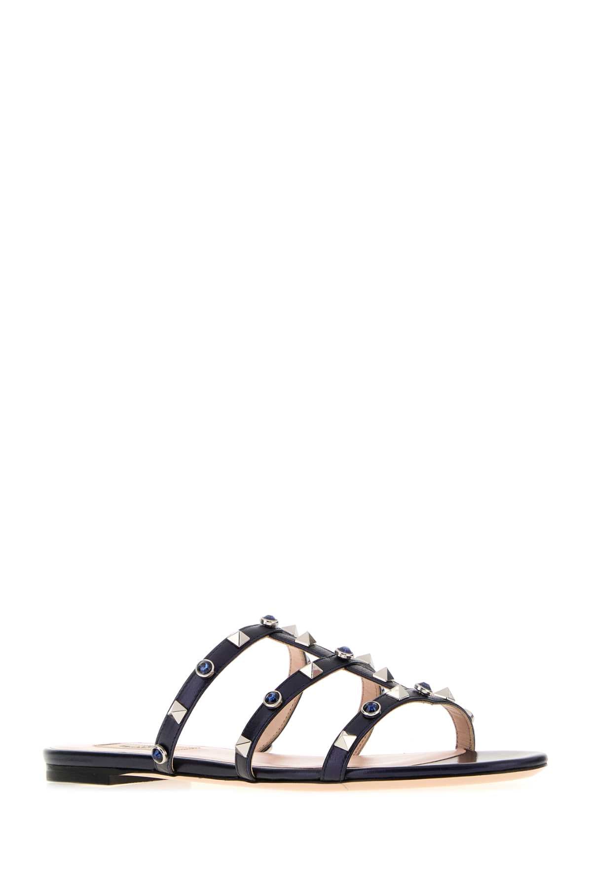 Valentino Garavani Women Midnight Blue Leather Rockstud Slippers VALENTINO GARAVANI