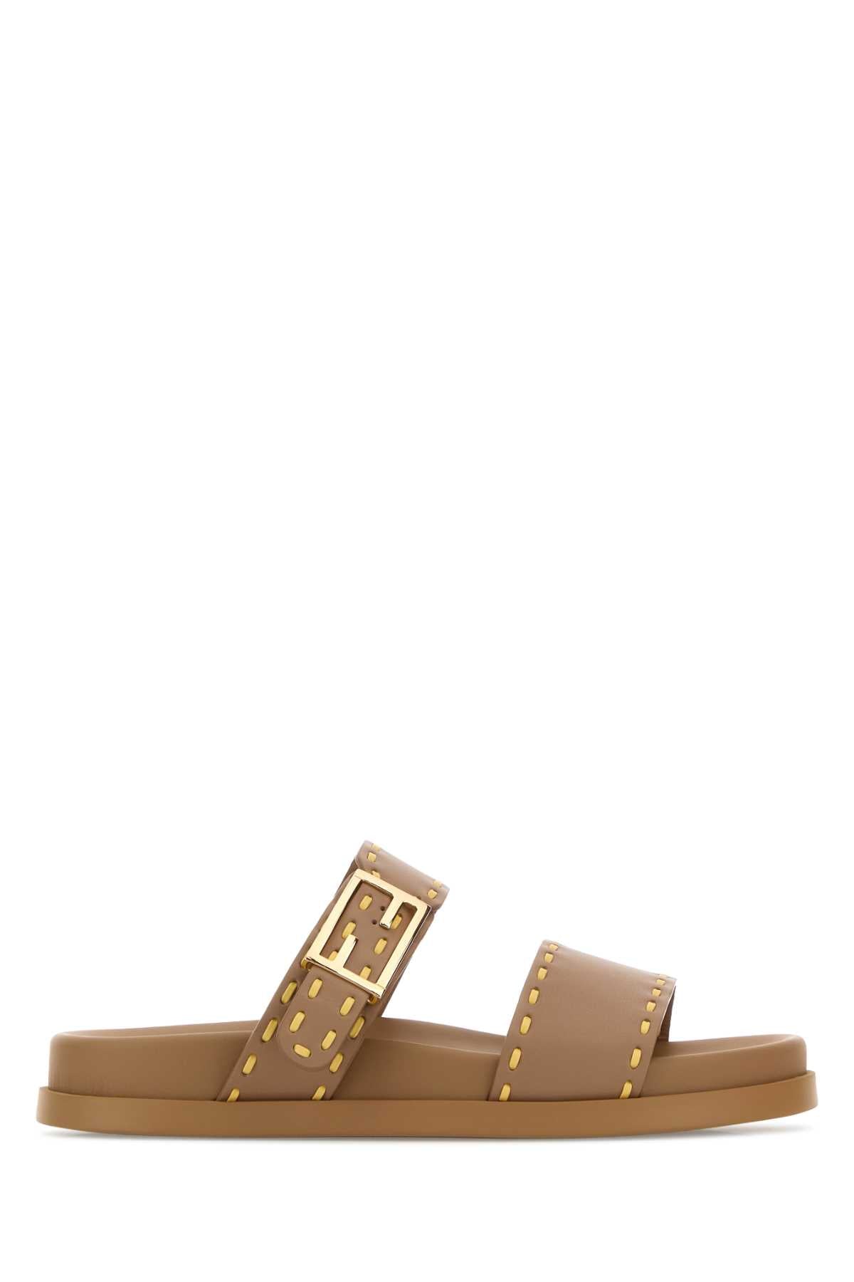 Fendi Women Cappuccino Leather Fendi Feel Slippers FENDI