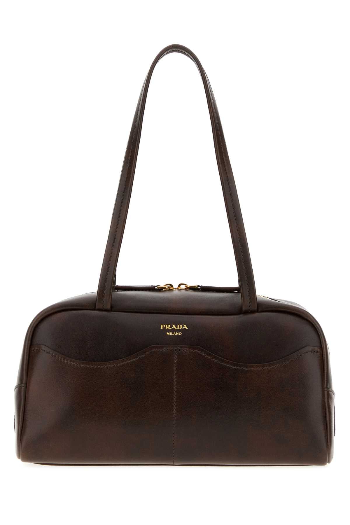 Prada Women Dark Brown Leather Large Prada Carry Shoulder Bag PRADA