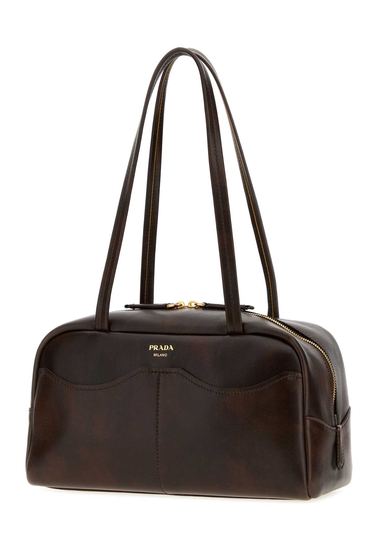 Prada Women Dark Brown Leather Large Prada Carry Shoulder Bag PRADA