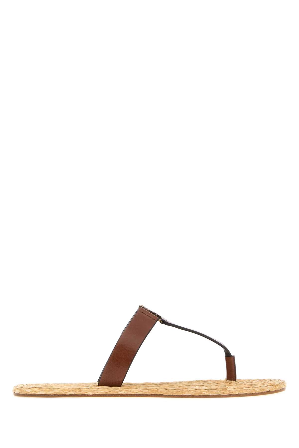 Saint Laurent Women Brown Leather Babylone Thong Slippers SAINT LAURENT