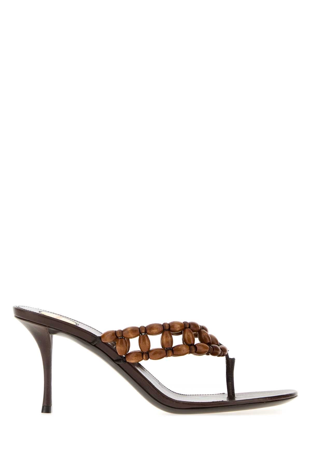 Saint Laurent Women Brown Wood Zina Thong Mules SAINT LAURENT