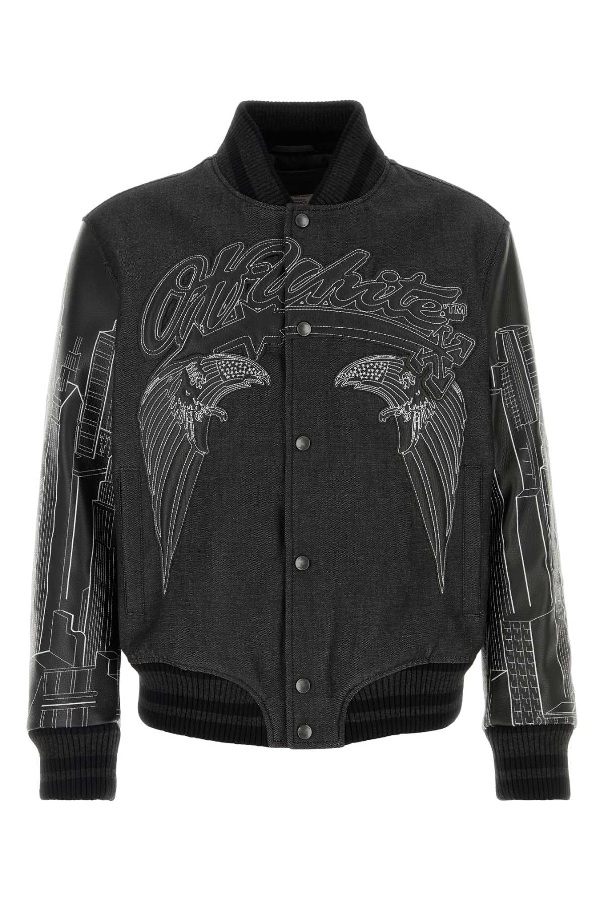 Off White Men Black Denim And Leather Bomber Jacket OFF-WHITE