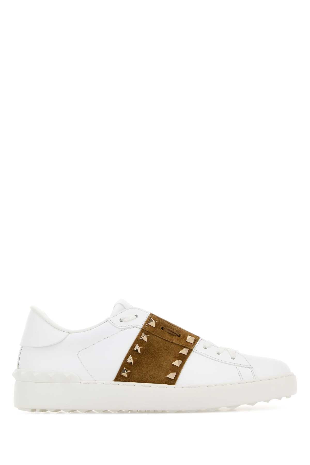Valentino Garavani Women White Leather Rockstud Untitled Sneakers With Camel Band VALENTINO GARAVANI