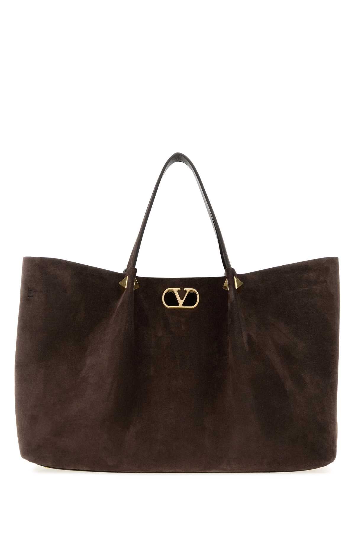 Valentino Garavani Women Dark Brown Suede Rockstud Shopping Bag VALENTINO GARAVANI