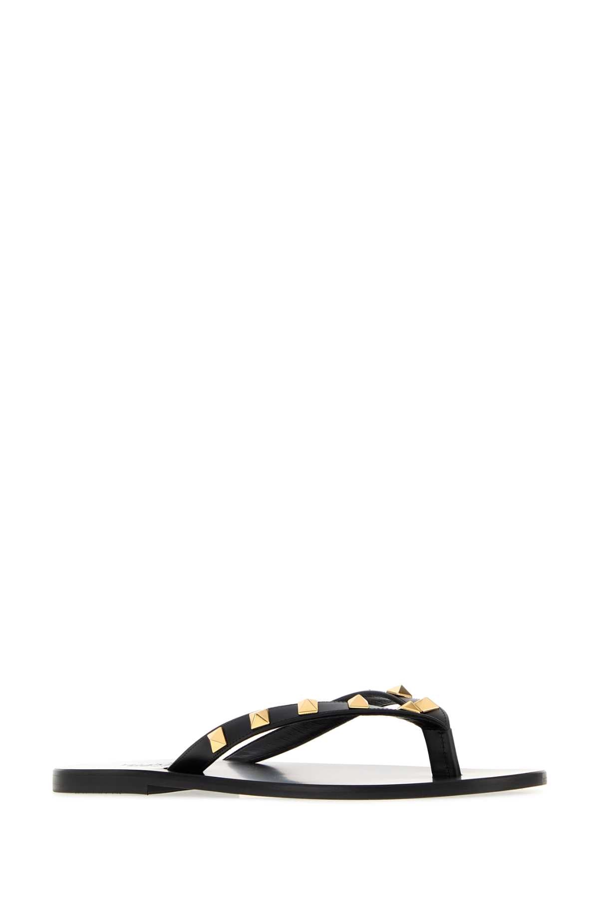 Valentino Garavani Women Black Leather Rockstud Thong Slippers VALENTINO GARAVANI