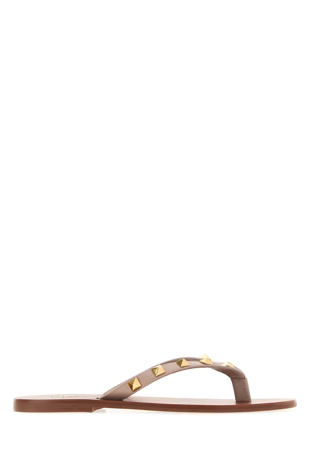 Valentino Garavani Women Antiqued Pink Leather Rockstud Thong Slippers VALENTINO GARAVANI