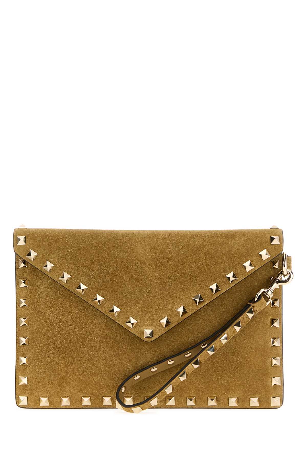 Valentino Garavani Women Camel Suede Rockstud Clutch VALENTINO GARAVANI