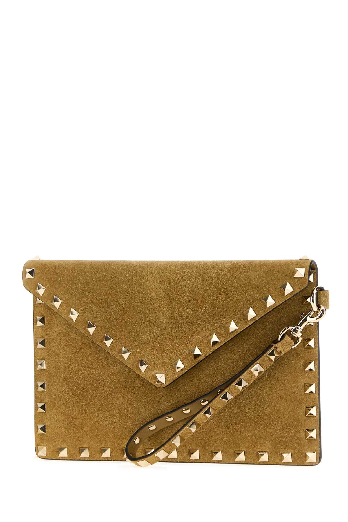 Valentino Garavani Women Camel Suede Rockstud Clutch VALENTINO GARAVANI