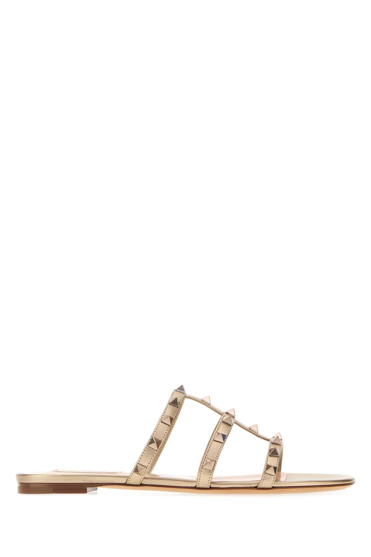 Valentino Garavani Women Gold Leather Rockstud Slippers VALENTINO GARAVANI