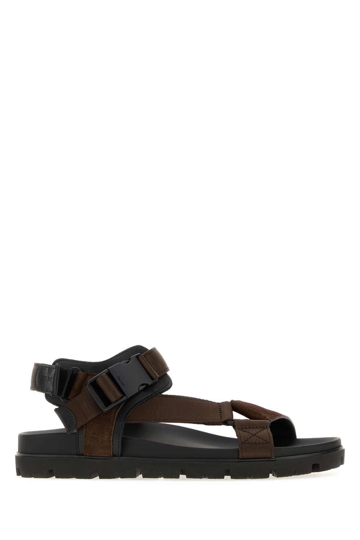 Prada Men Dark Brown Fabric And Suede Sandals PRADA