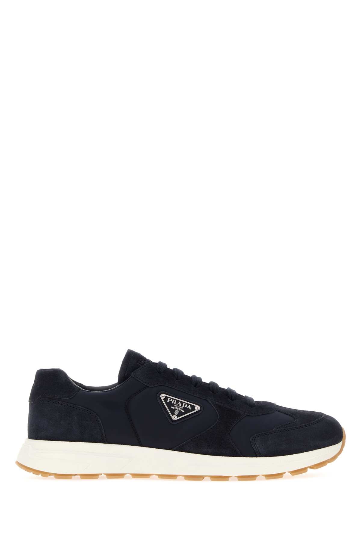 Prada Men Navy Blue Re-Nylon And Suede Sneakers PRADA