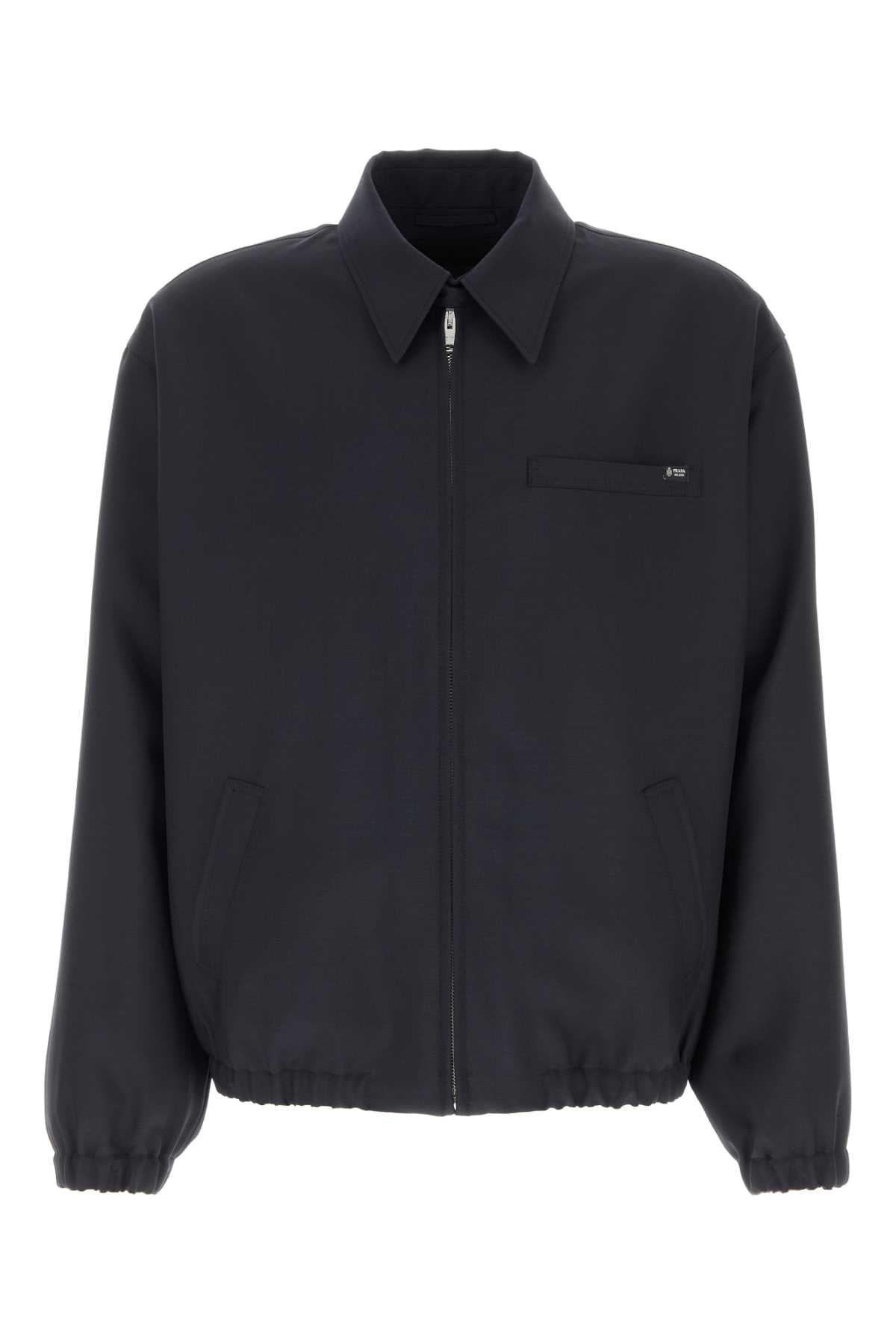 Prada Men Midnight Blue Wool Blend Bomber Jacket PRADA