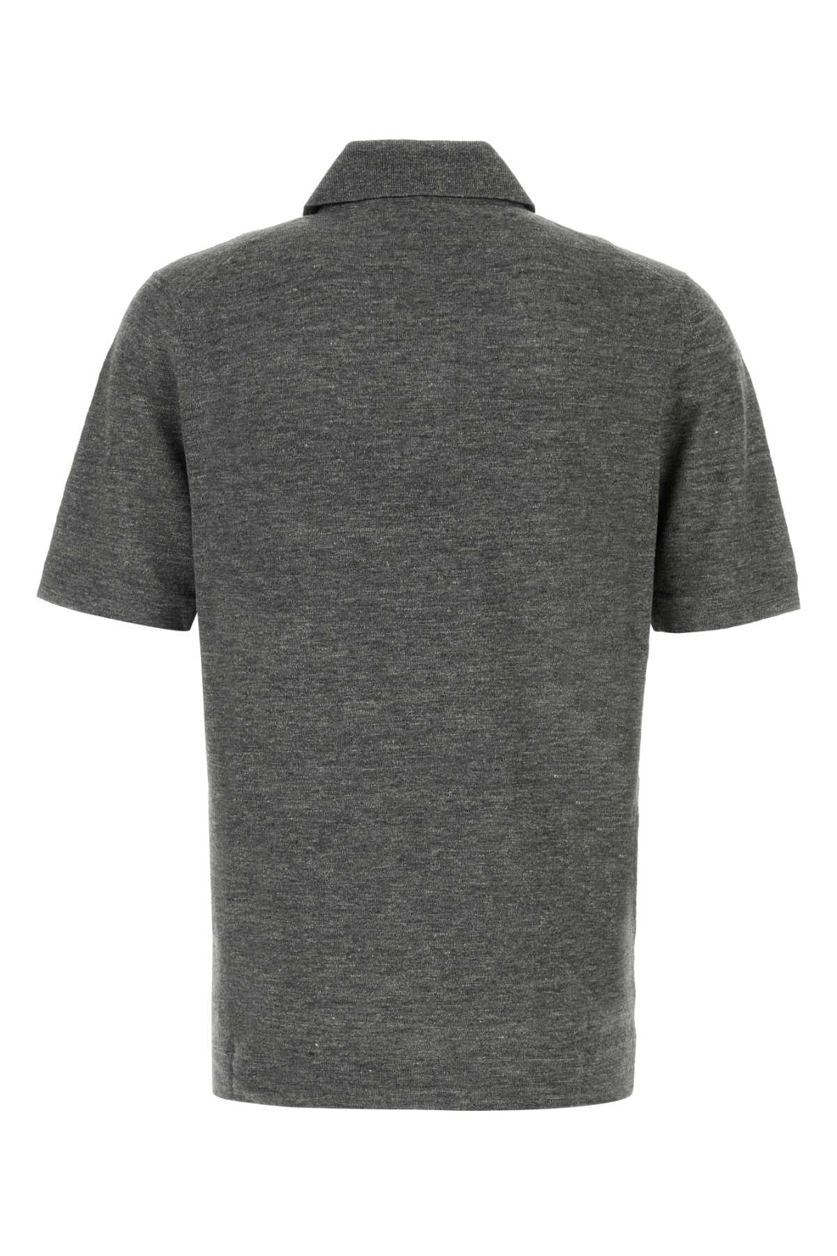 Brunello Cucinelli Men Melange Dark Grey Linen Blend Polo Shirt BRUNELLO CUCINELLI
