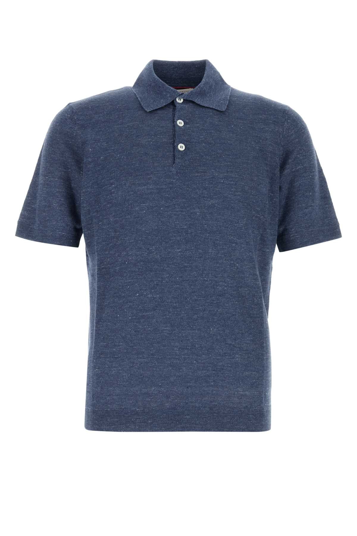 Brunello Cucinelli Men Melange Blue Linen Blend Polo Shirt BRUNELLO CUCINELLI