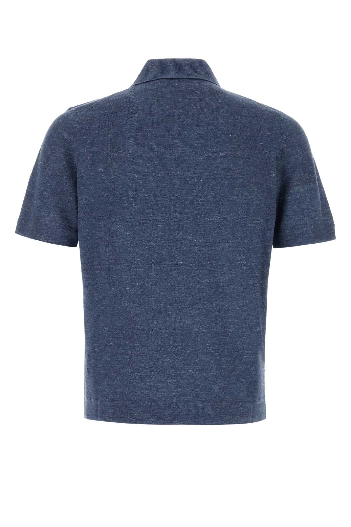 Brunello Cucinelli Men Melange Blue Linen Blend Polo Shirt BRUNELLO CUCINELLI