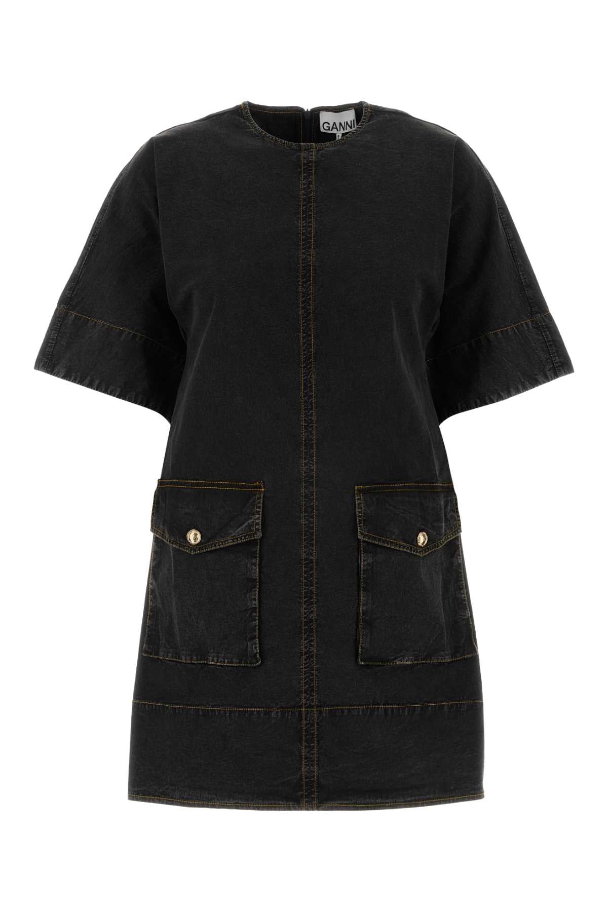 Ganni Women Black Stretch Cotton Mini Dress GANNI