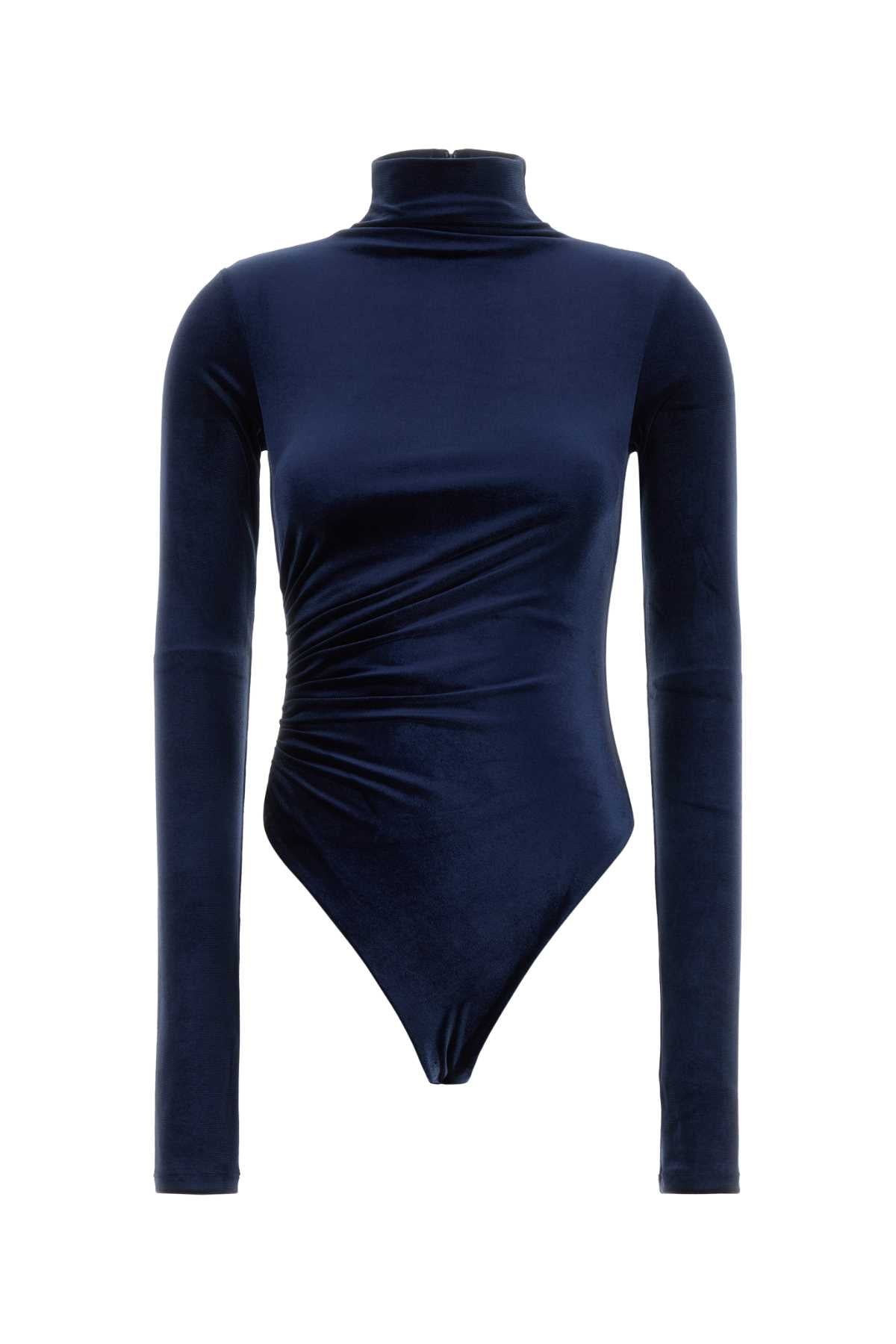 The Andamane Women Blue Stretch Velvet Talitha Bodysuit THE ANDAMANE