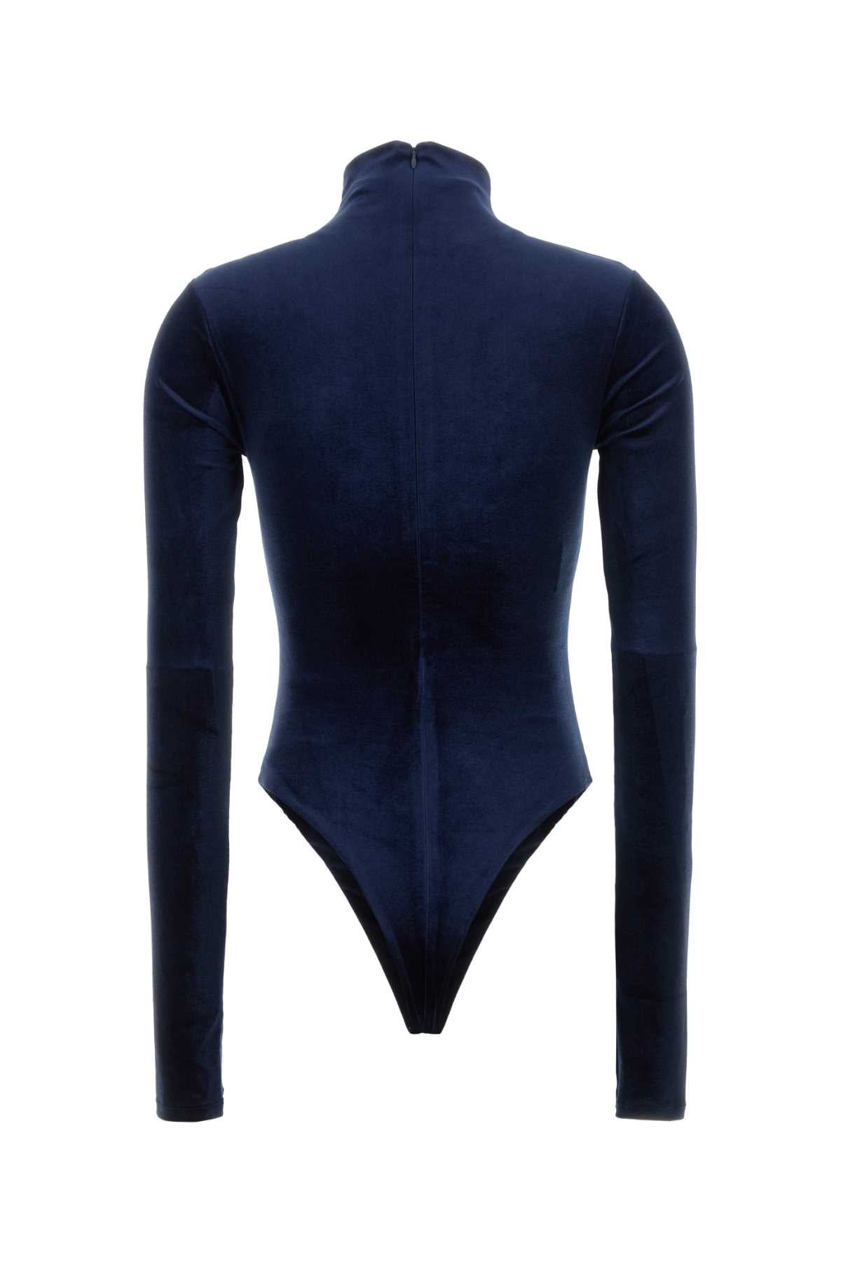 The Andamane Women Blue Stretch Velvet Talitha Bodysuit THE ANDAMANE