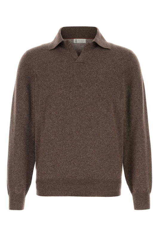 Brunello Cucinelli Men Melange Brown Cashmere Sweater BRUNELLO CUCINELLI