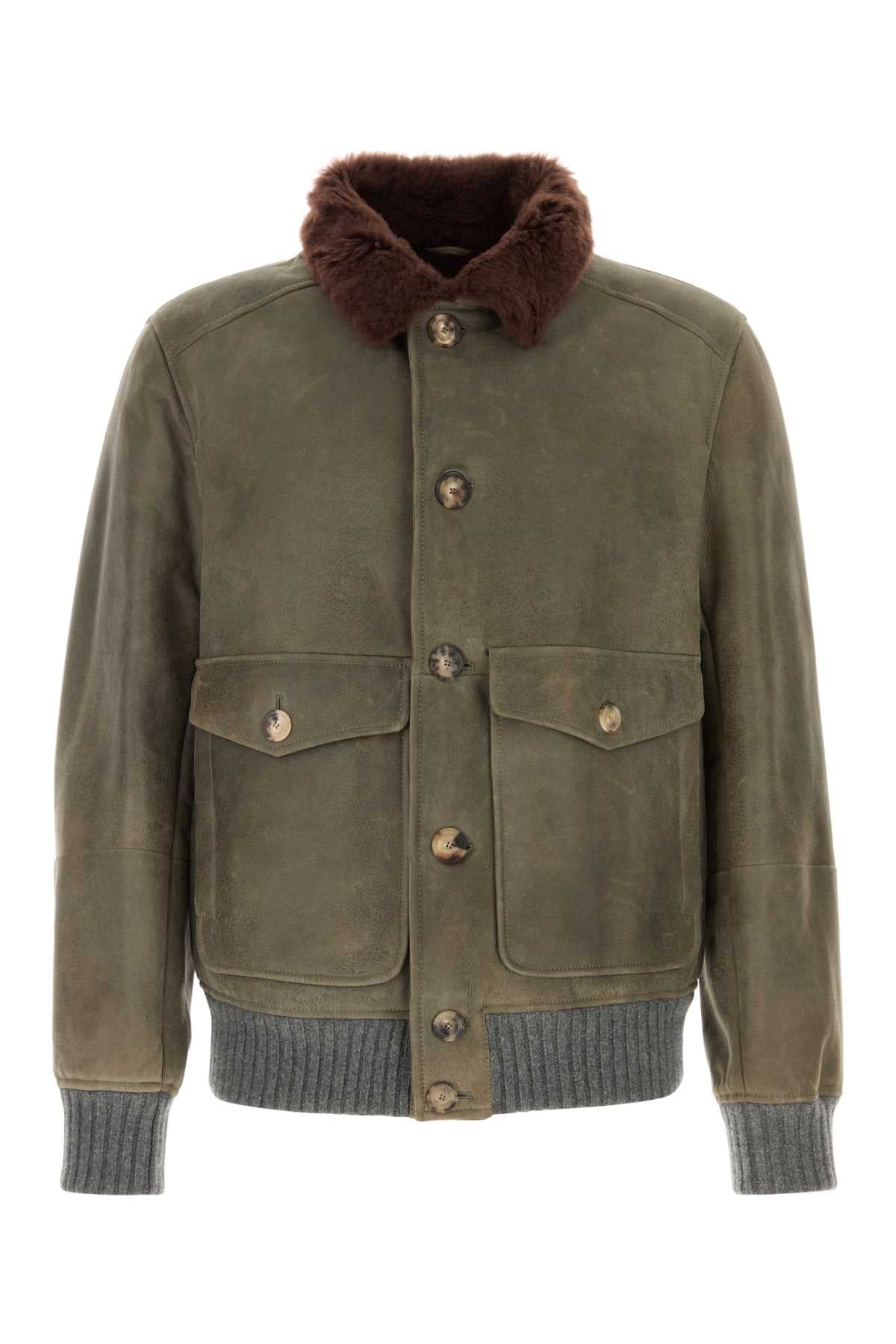 Brunello Cucinelli Men Sage Green Shearling Jacket BRUNELLO CUCINELLI