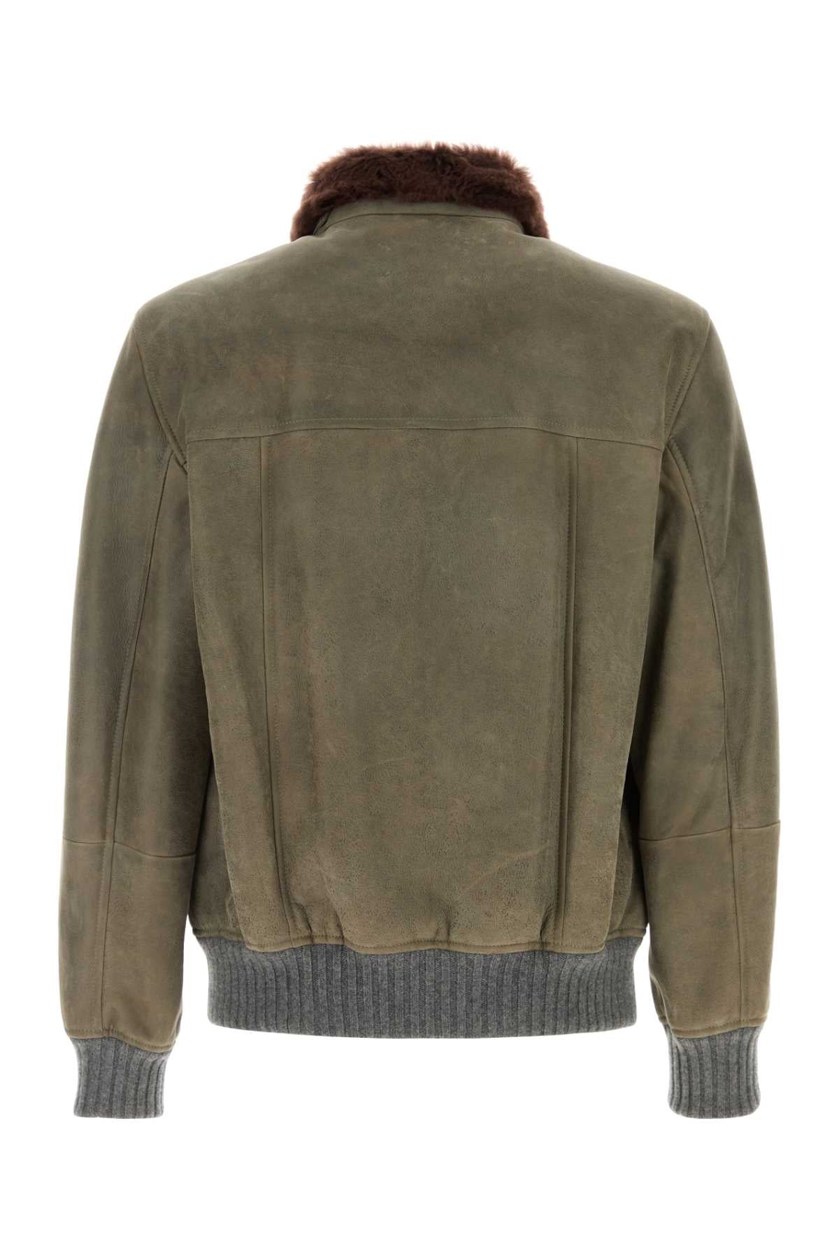 Brunello Cucinelli Men Sage Green Shearling Jacket BRUNELLO CUCINELLI