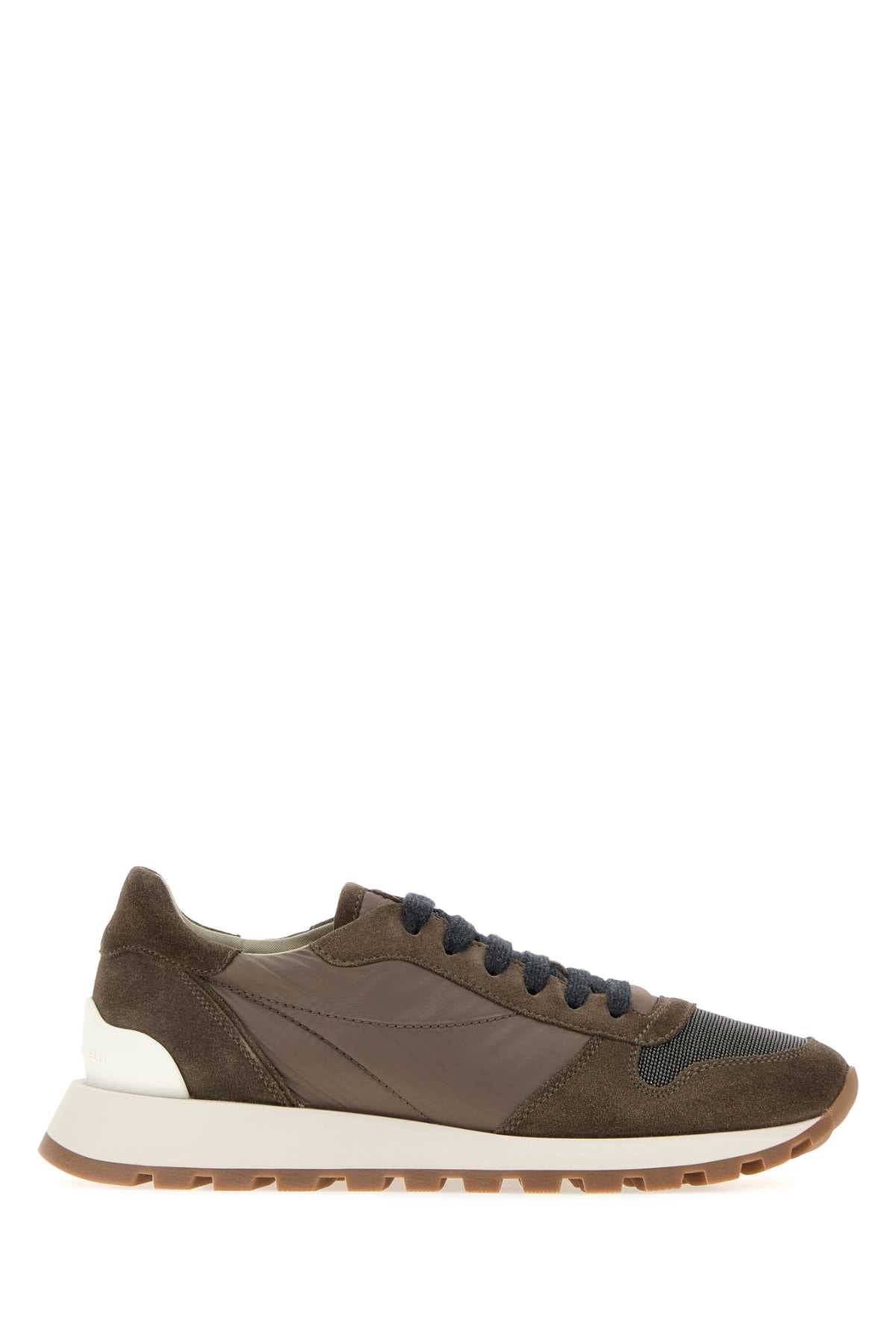 Brunello Cucinelli Women Mud Fabric And Suede Sneakers BRUNELLO CUCINELLI