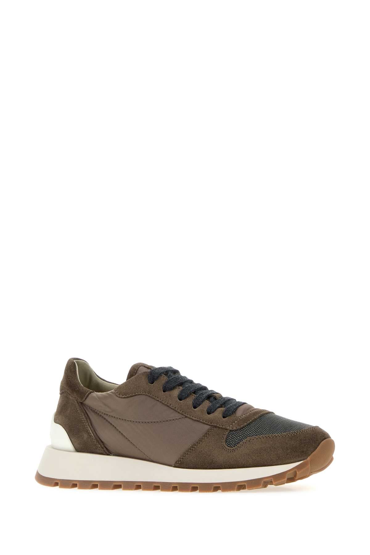 Brunello Cucinelli Women Mud Fabric And Suede Sneakers BRUNELLO CUCINELLI