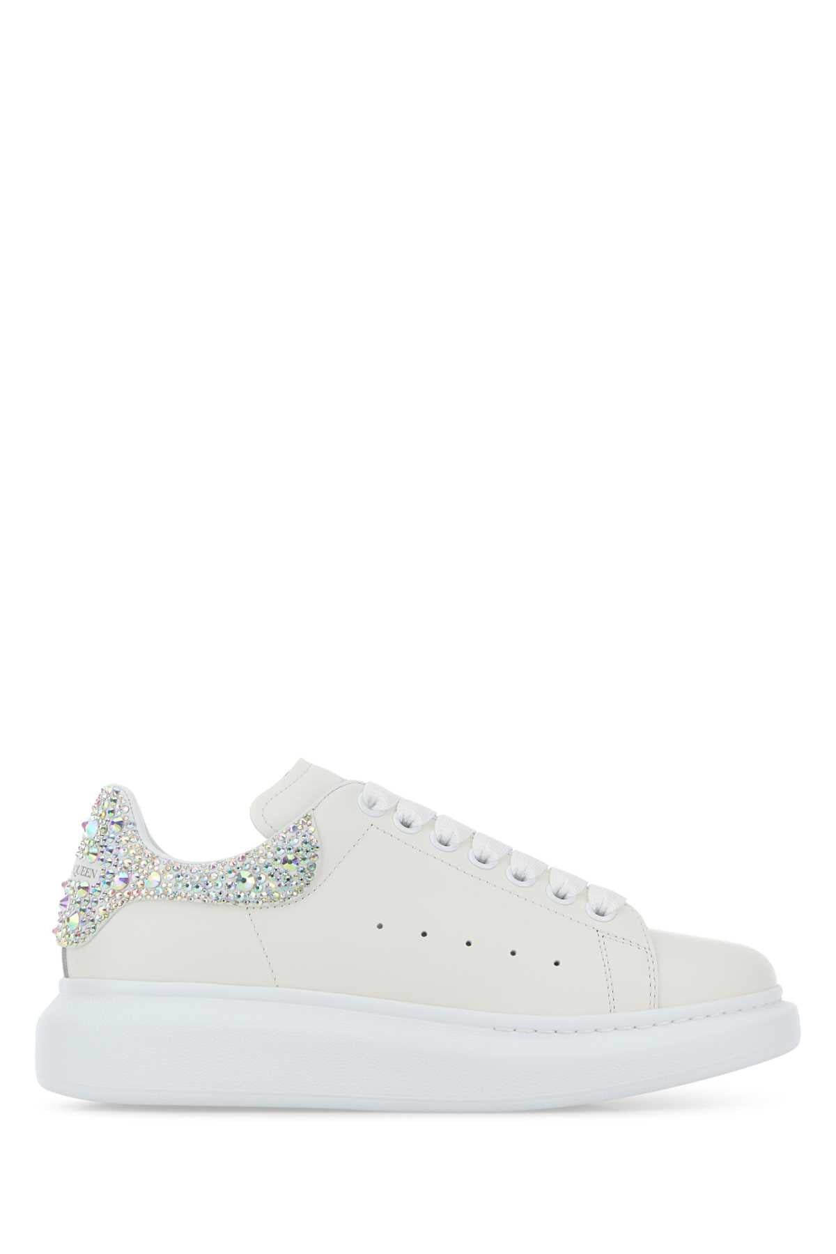 Alexander Mcqueen Women White Leather Sneakers With Embellished Suede Heel ALEXANDER MCQUEEN