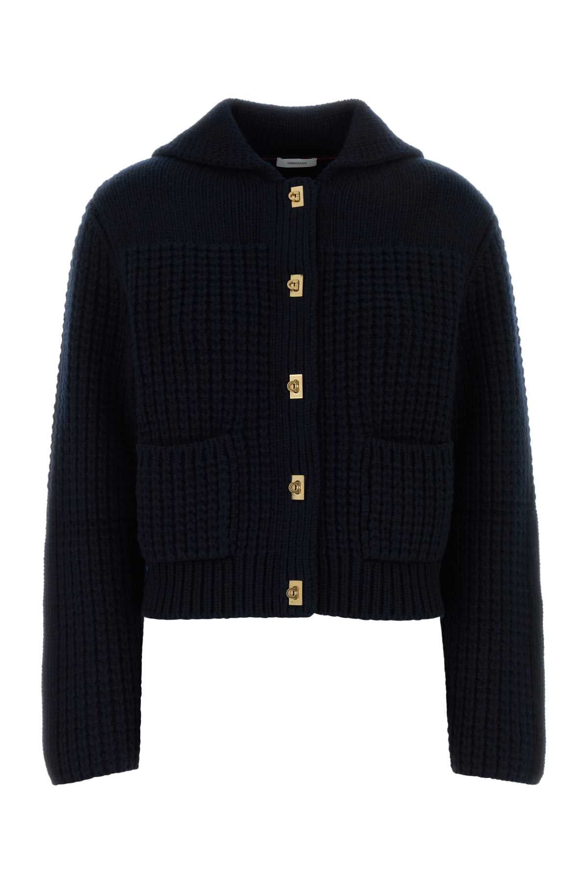 Salvatore Ferragamo Women Navy Blue Wool Blend Cardigan FERRAGAMO