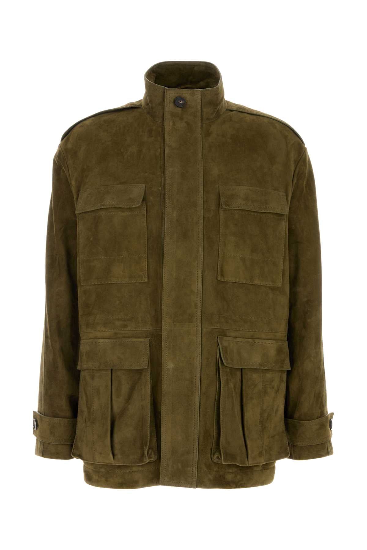 Salvatore Ferragamo Men Olive Green Suede Jacket FERRAGAMO