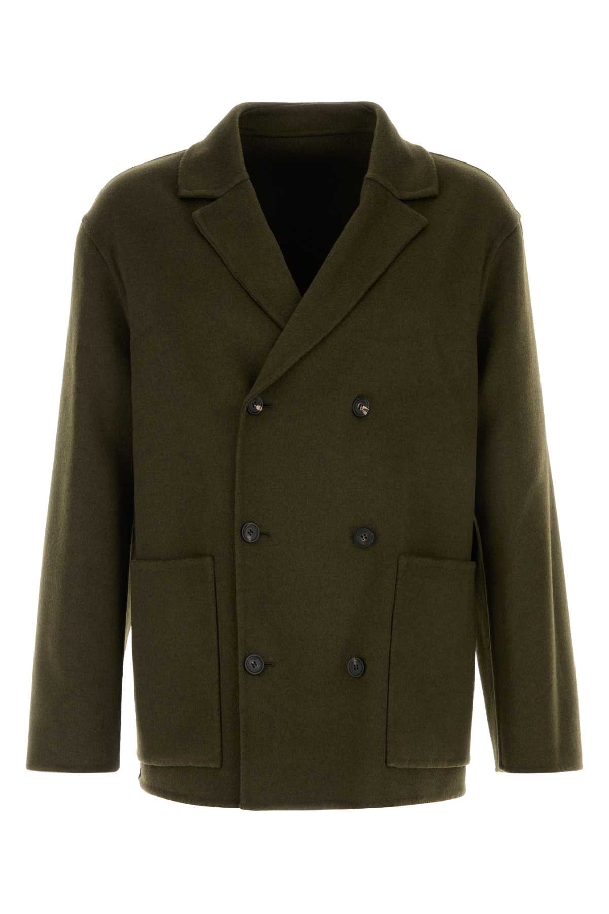 Salvatore Ferragamo Men Olive Green Wool Blend Coat FERRAGAMO