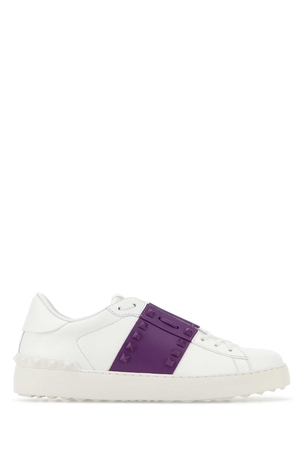 Valentino Garavani Women White Leather Rockstud Untitled Sneakers With Purple Band VALENTINO GARAVANI