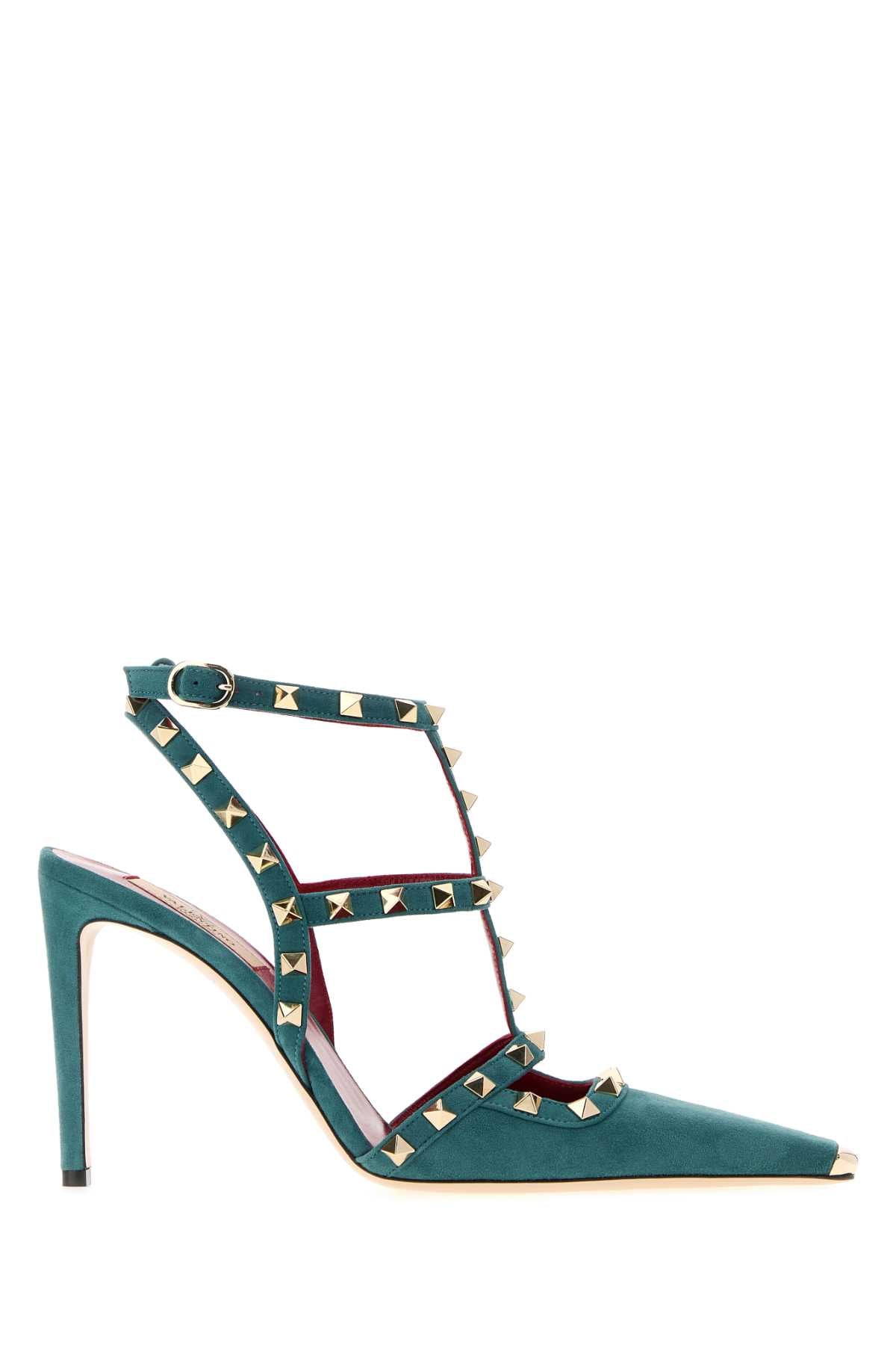 Valentino Garavani Women Teal Green Suede Rockstud Pumps VALENTINO GARAVANI