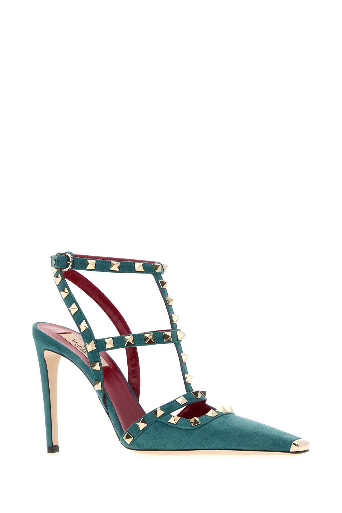 Valentino Garavani Women Teal Green Suede Rockstud Pumps VALENTINO GARAVANI
