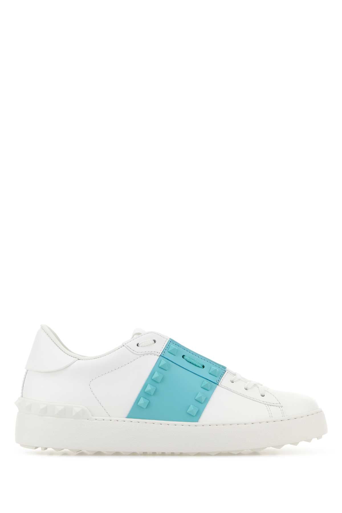 Valentino Garavani Women White Leather Rockstud Untitled Sneakers With Light Blue Band VALENTINO GARAVANI