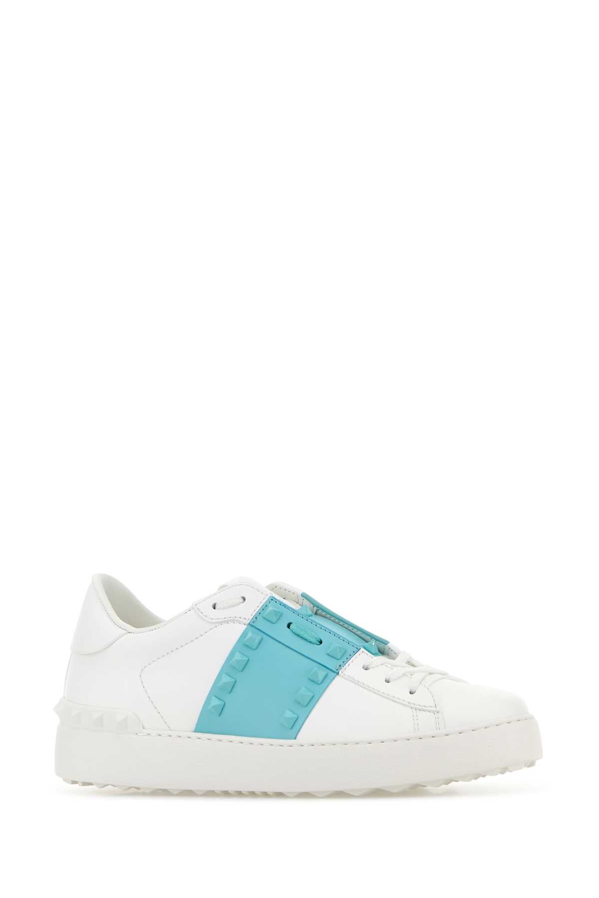 Valentino Garavani Women White Leather Rockstud Untitled Sneakers With Light Blue Band VALENTINO GARAVANI