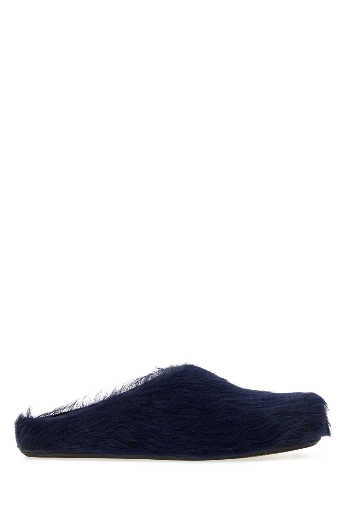 Marni Men Navy Blue Calf Hair Fussbett Slippers MARNI
