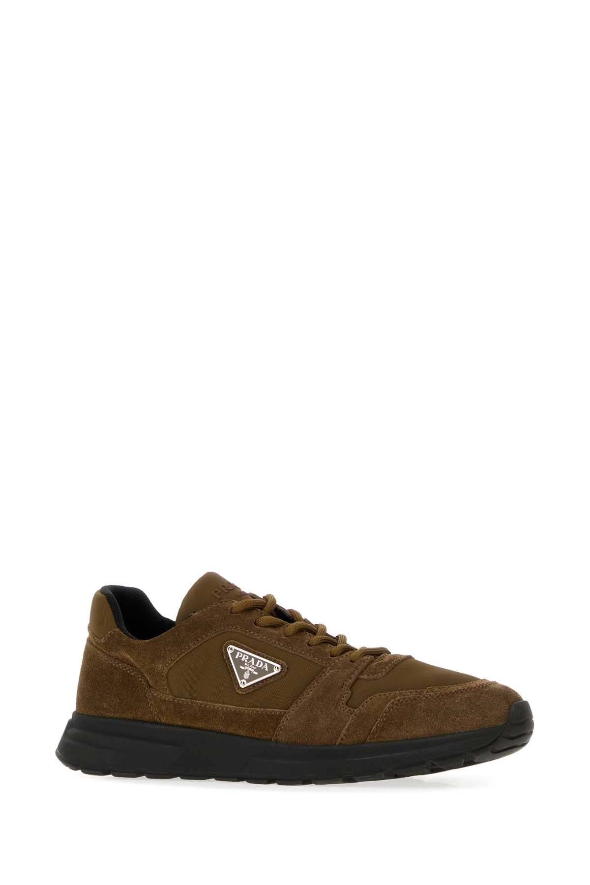 Prada Men Brown Canvas And Suede Prax Sneakers PRADA