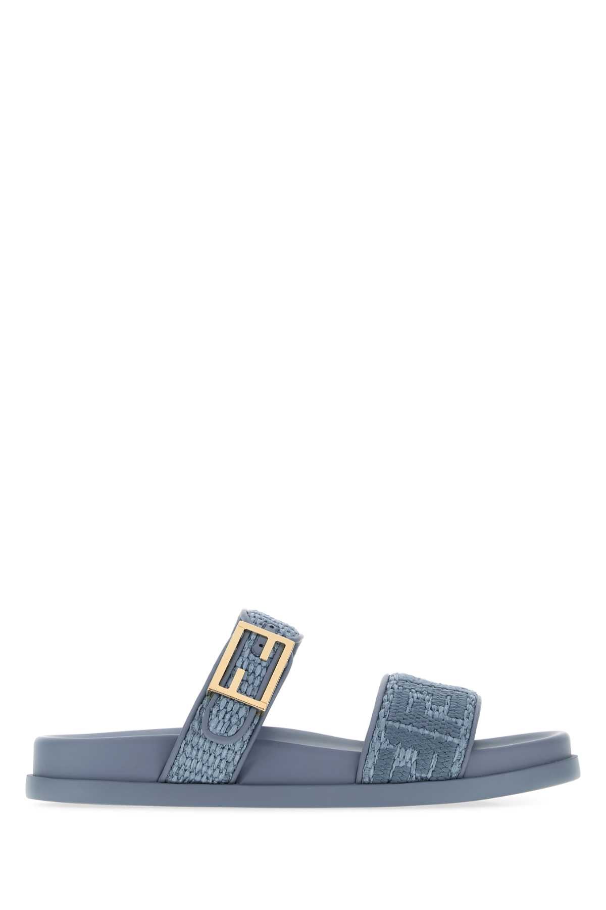 Fendi Women Cerulean Blue Raffia Fendi Feel Slippers FENDI