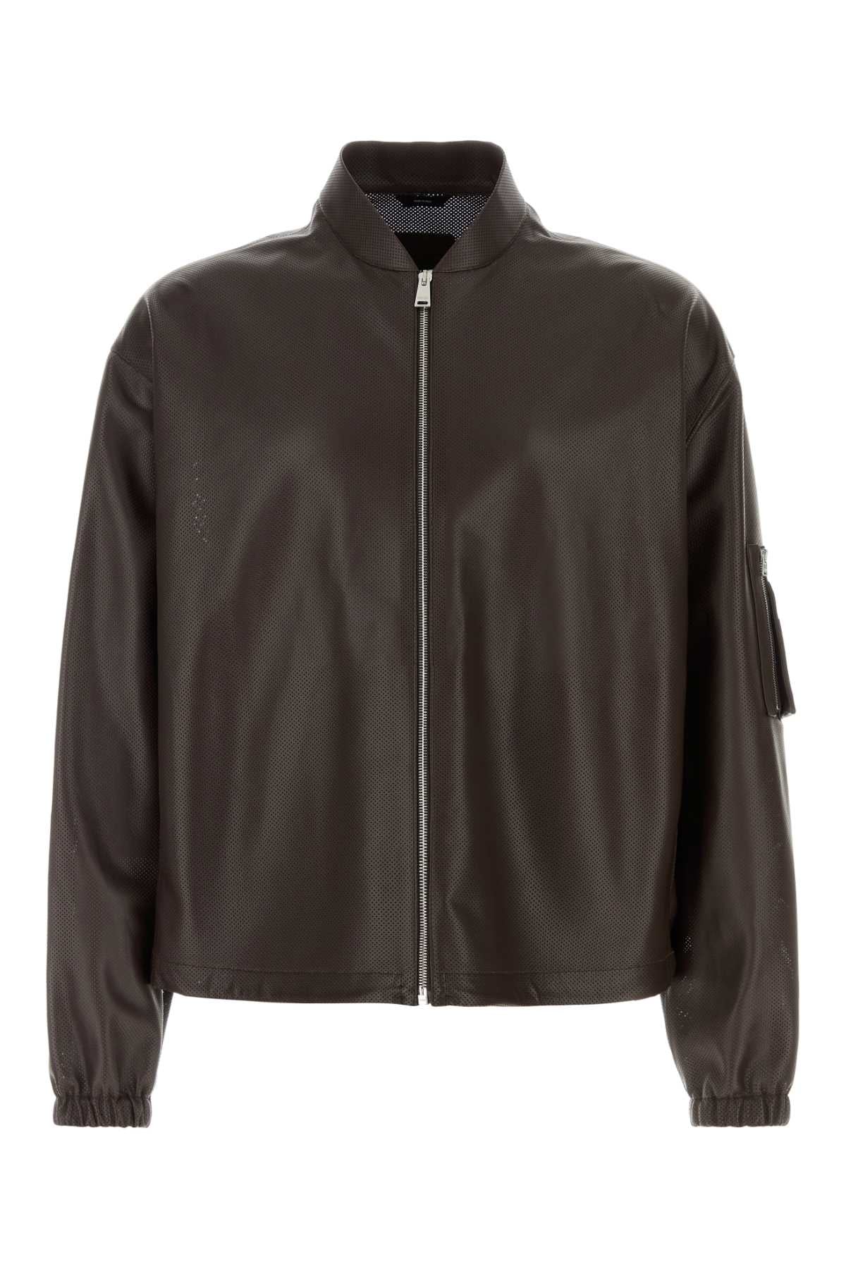 Fendi Men Chocolate Nappa Leather Bomber Jacket FENDI