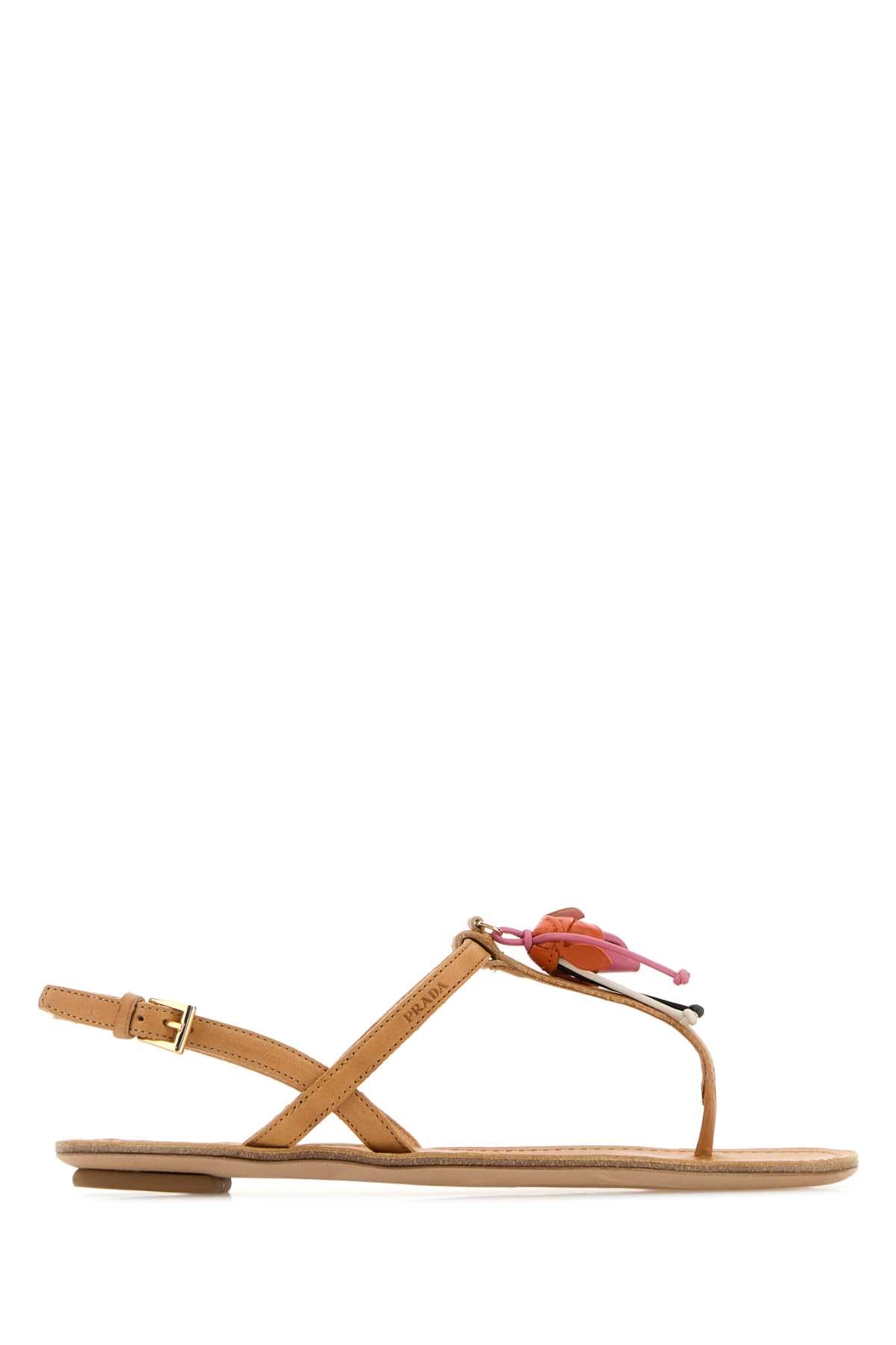 Prada Women Camel Leather Thong Sandals PRADA