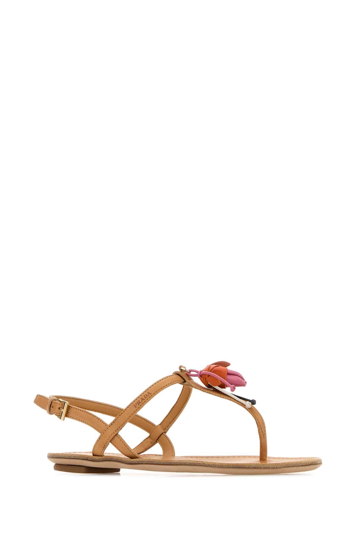 Prada Women Camel Leather Thong Sandals PRADA