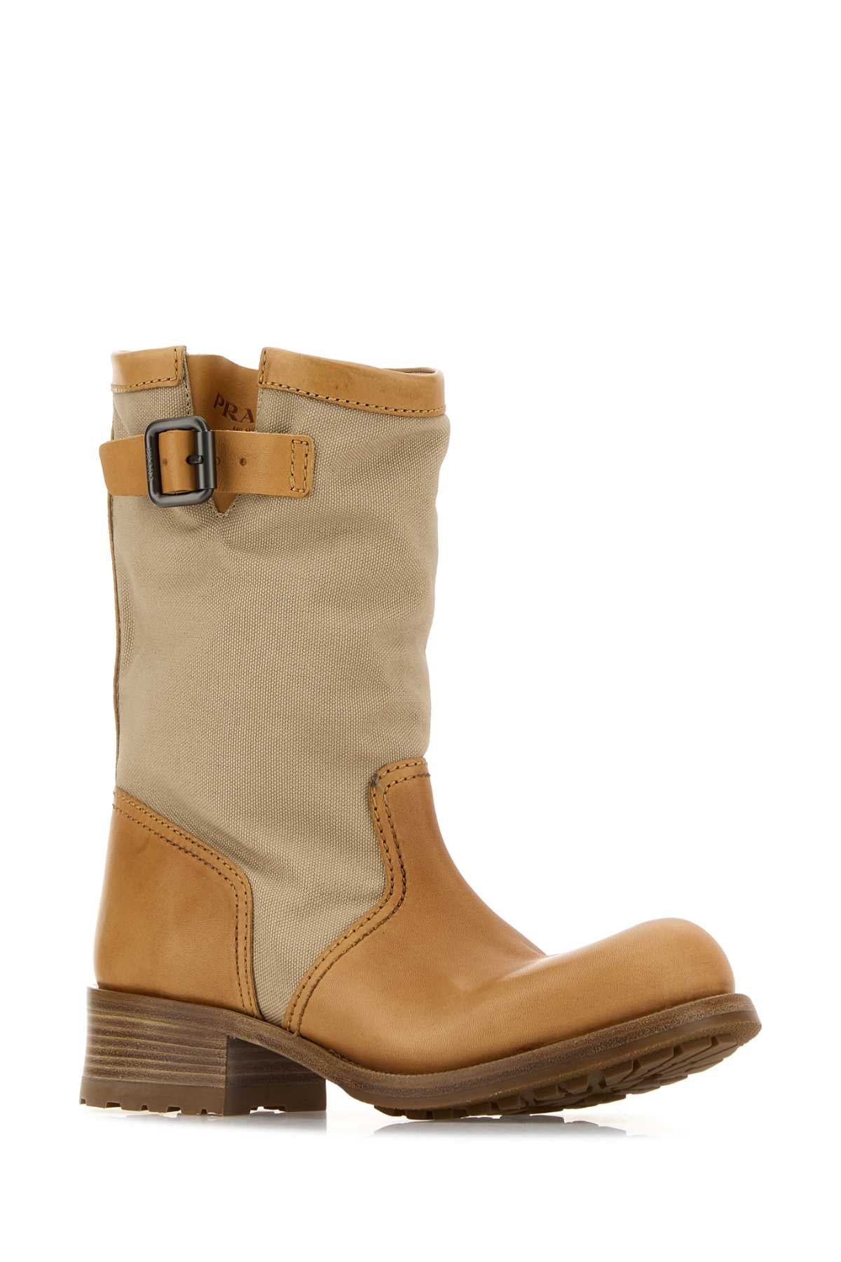 Prada Women Two-Tone Canvas And Leather Boots PRADA