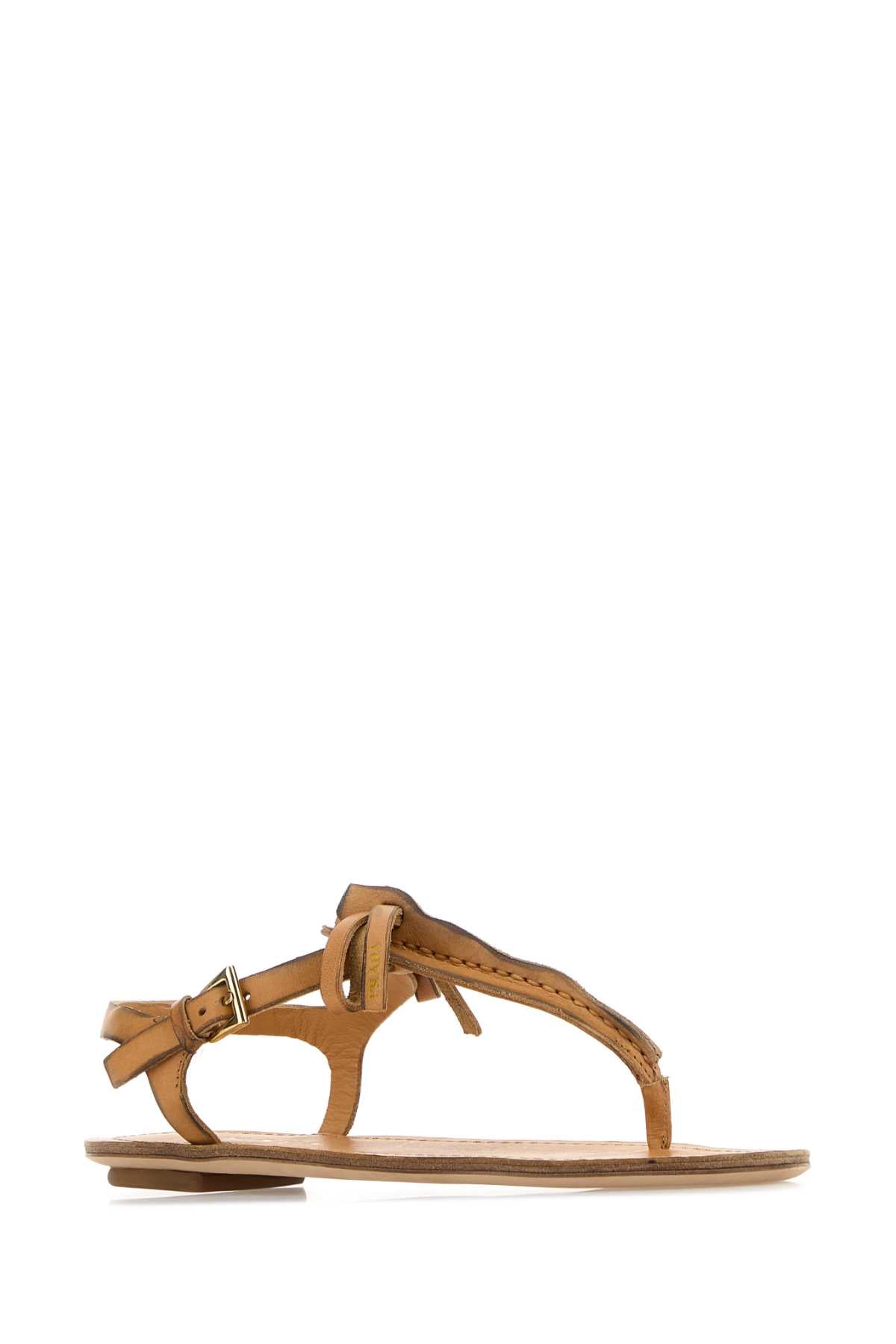 Prada Women Camel Leather Thong Sandals PRADA