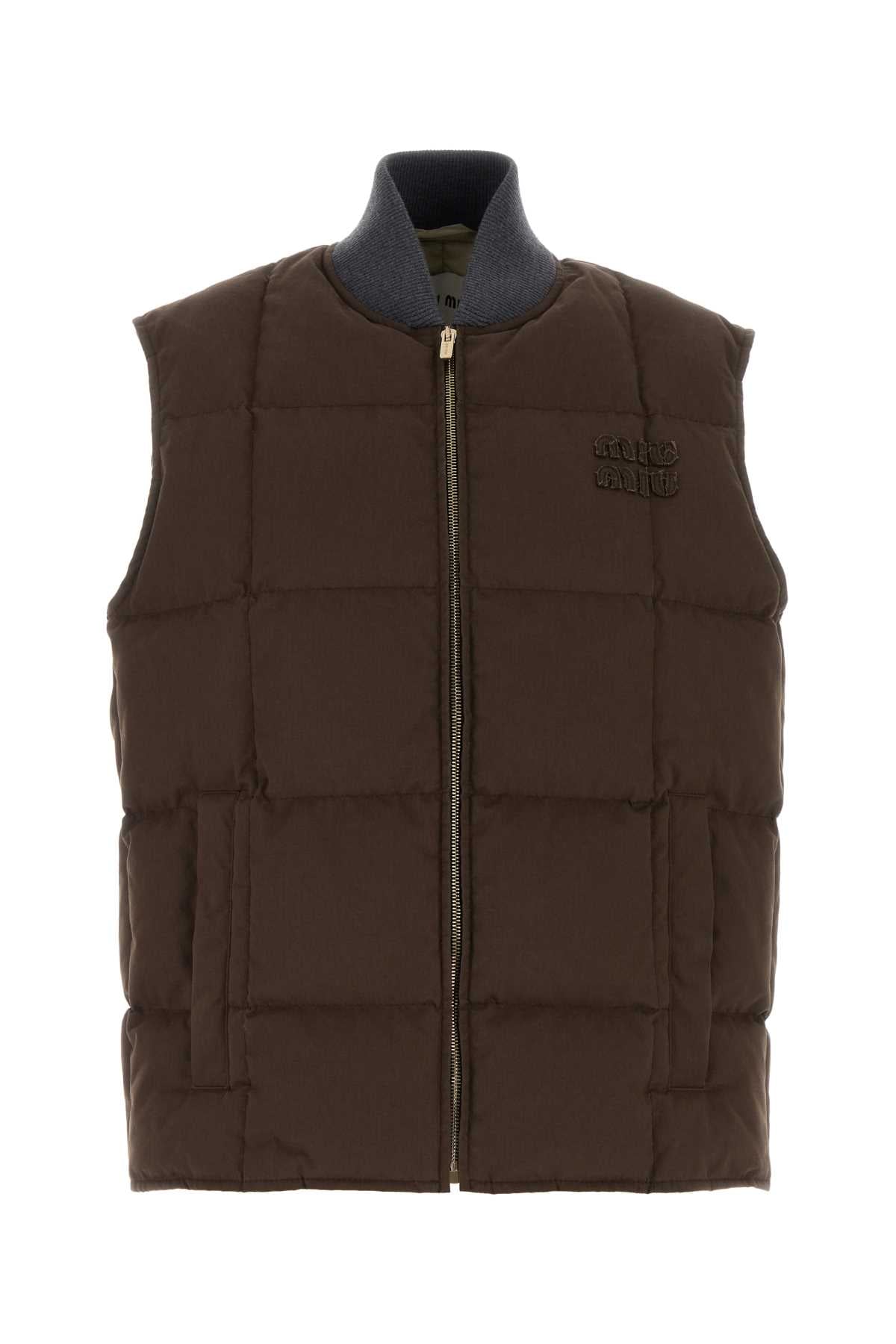 Miu Miu Women Brown Gabardine Sleeveless Down Jacket MIU MIU