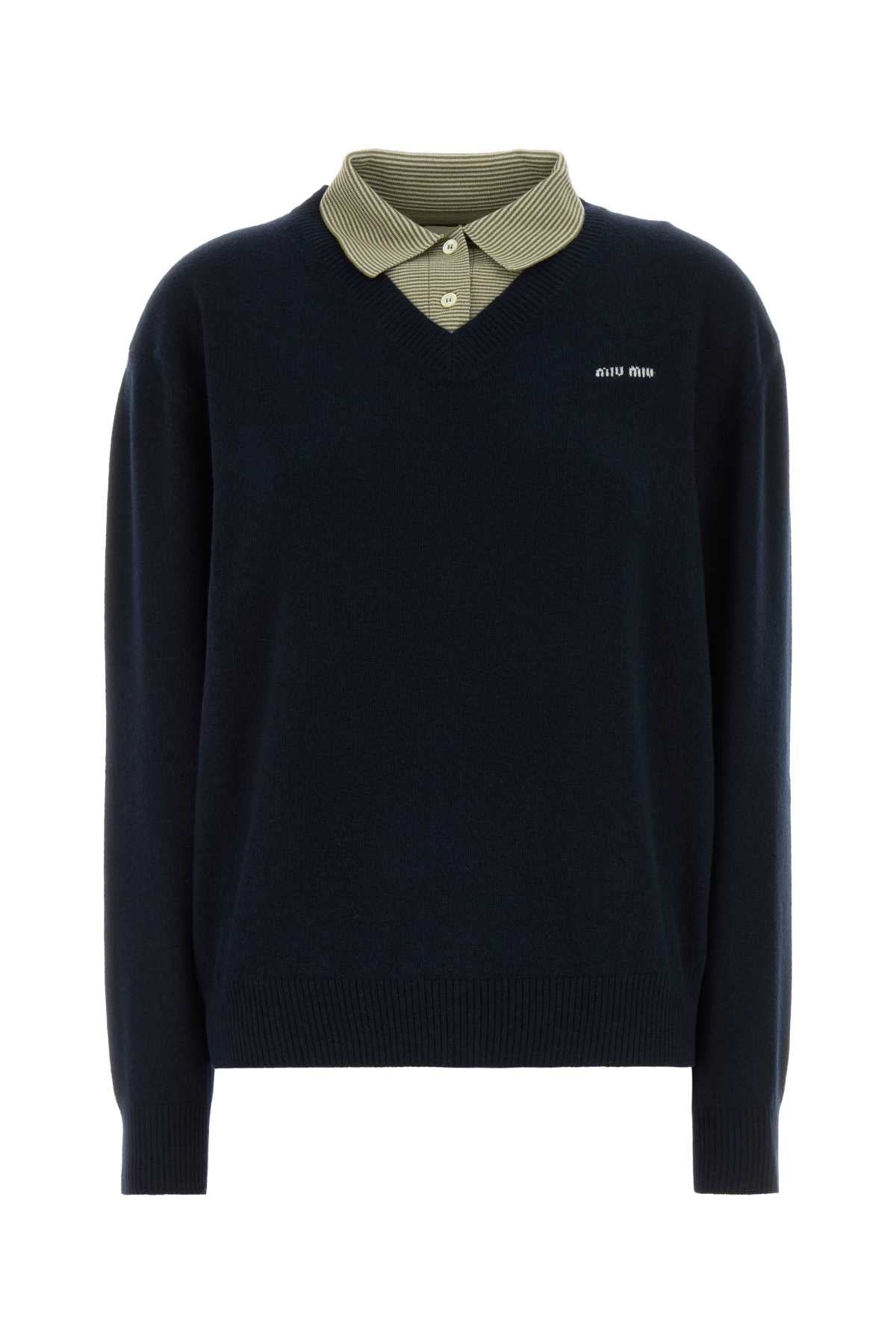Miu Miu Women Navy Blue Wool Blend Polo Shirt MIU MIU
