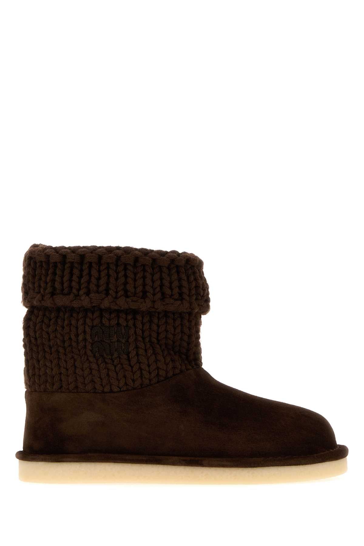 Miu Miu Women Dark Brown Knit And Suede Ankle Boots MIU MIU