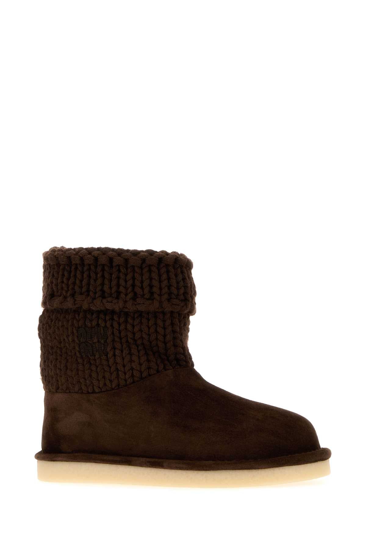 Miu Miu Women Dark Brown Knit And Suede Ankle Boots MIU MIU