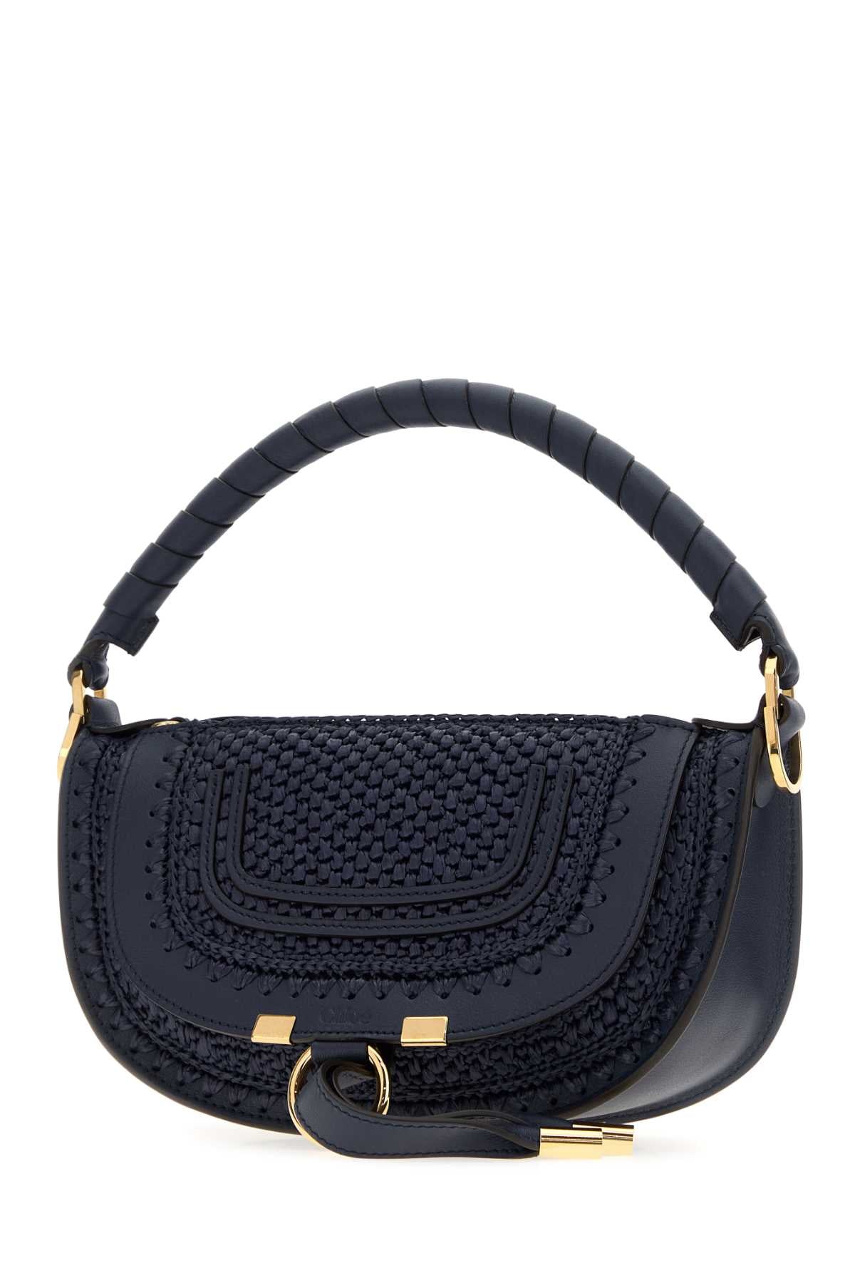 Chloe Women Navy Blue Raffia And Leather Mini Marcie Shoulder Bag CHLOE